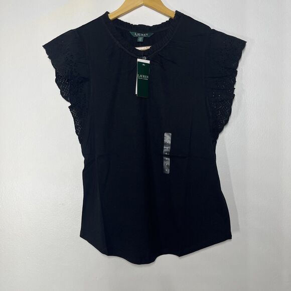 Lauren Ralph Lauren Blouse Womens Small Eyelet Keyhole Ruffle Minimalist Career - Picture 1 of 14